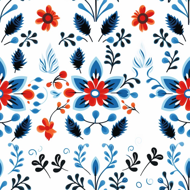 A close up of a pattern of blue and red flowers generative ai