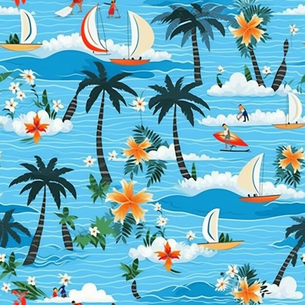 A close up of a pattern of boats and palm trees generative ai