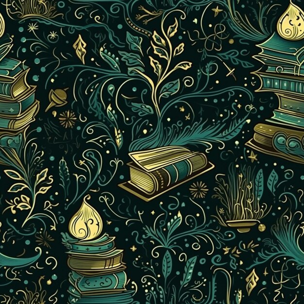 Photo a close up of a pattern of books and plants generative ai