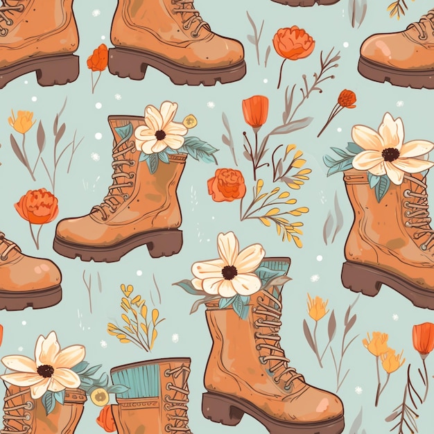 Photo a close up of a pattern of boots with flowers on them generative ai