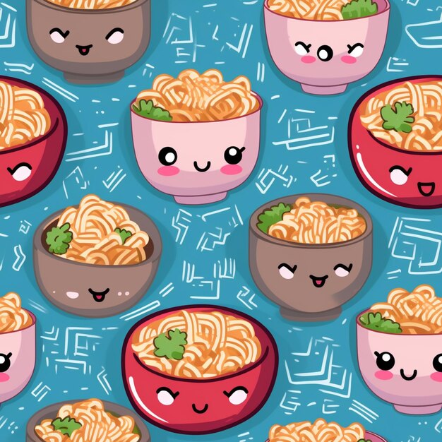 Photo a close up of a pattern of bowls of noodles with faces generative ai