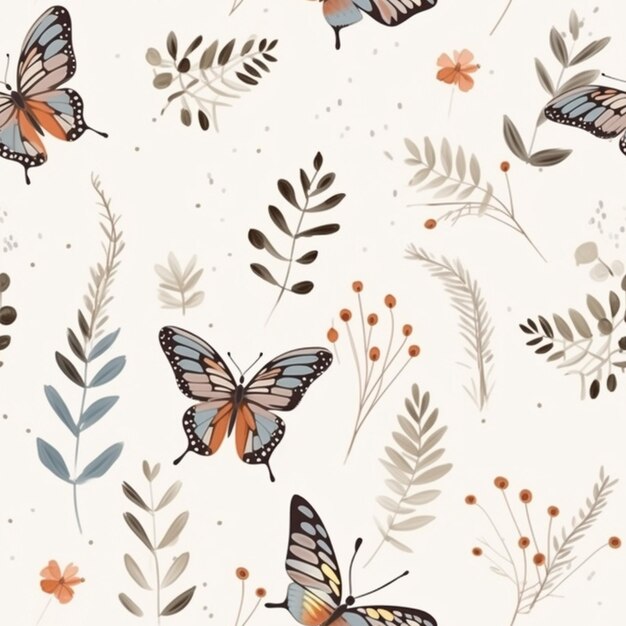 Photo a close up of a pattern of butterflies and flowers generative ai