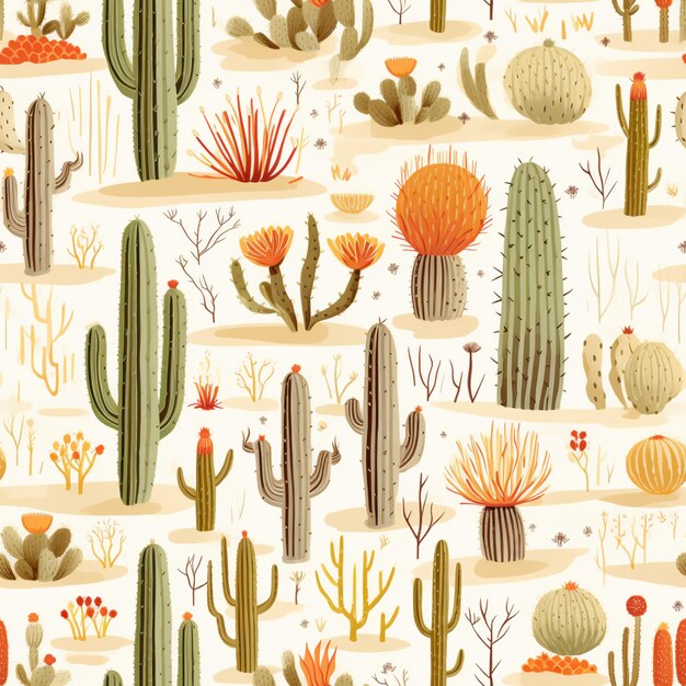 A close up of a pattern of cactus plants and flowers generative ai