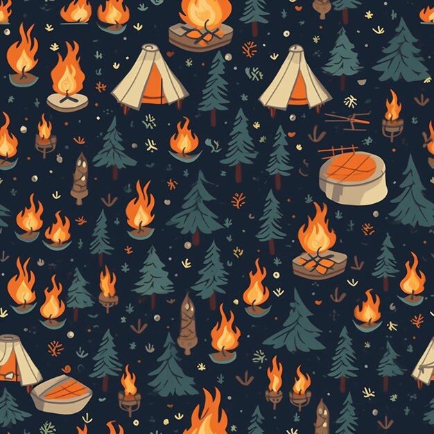 A close up of a pattern of a campfire and tents generative ai