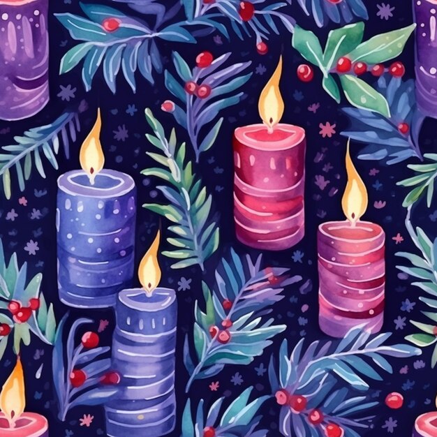 Photo a close up of a pattern of candles with leaves and berries generative ai