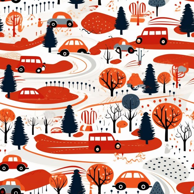 A close up of a pattern of cars and trees on a white background generative ai