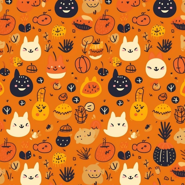 A close up of a pattern of cats and pumpkins generative ai