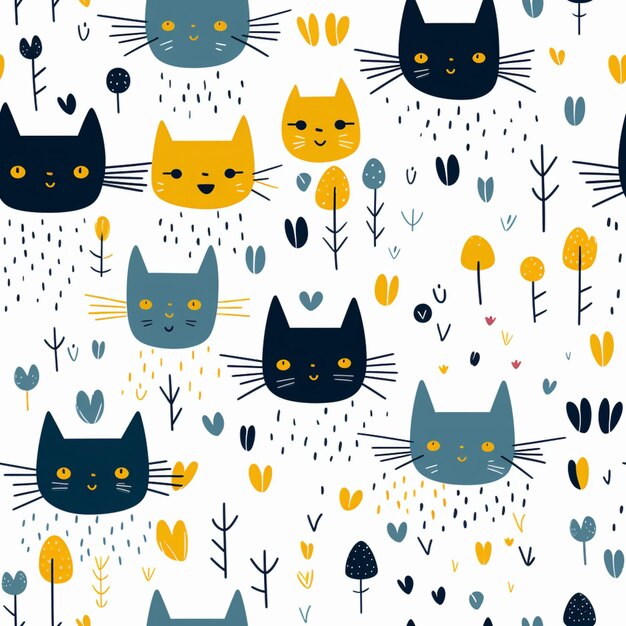 A close up of a pattern of cats with trees and flowers generative ai