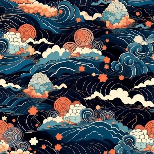 A close up of a pattern of clouds and flowers on a blue background generative ai