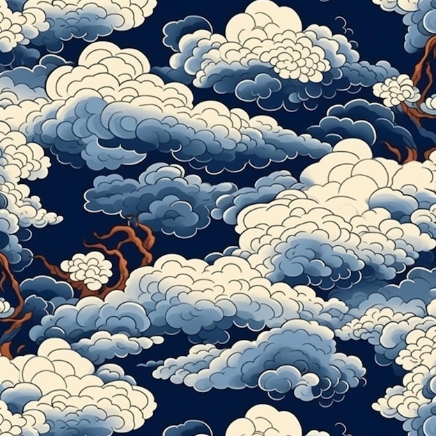 A close up of a pattern of clouds and trees on a blue background generative ai