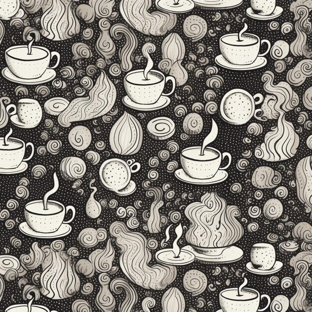 A close up of a pattern of coffee cups and saucers generative ai