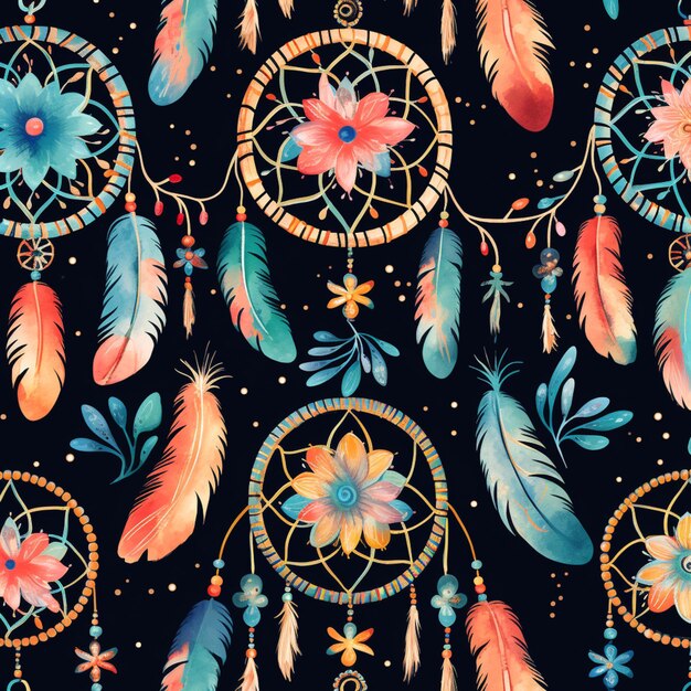 Photo a close up of a pattern of colorful feathers and flowers generative ai