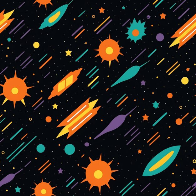 Photo a close up of a pattern of colorful rockets and stars generative ai