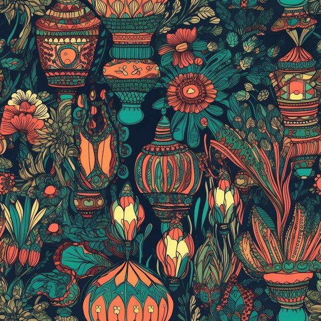 A close up of a pattern of colorful vases and flowers generative ai
