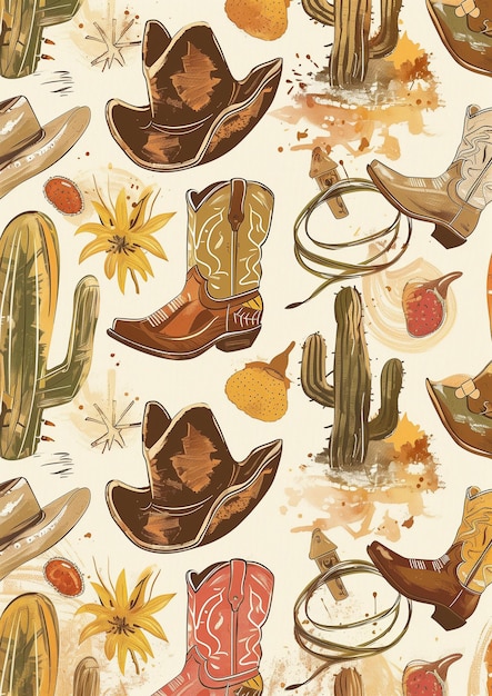 a close up of a pattern of cowboy boots and cactuses generative ai