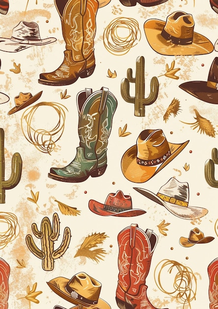 a close up of a pattern of cowboy boots and hats generative ai