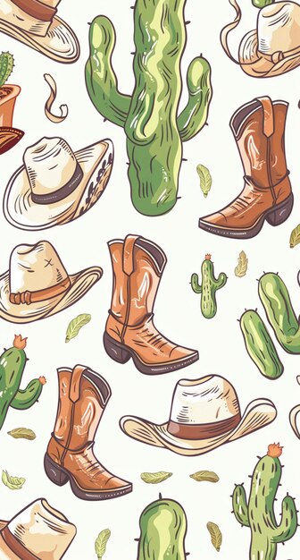 a close up of a pattern of cowboy boots and hats generative ai