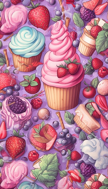 a close up of a pattern of cupcakes and strawberries generative ai