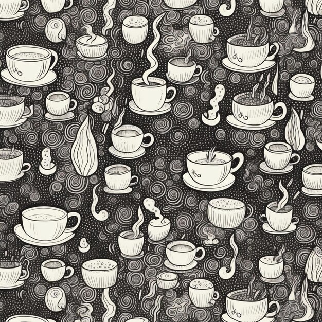 A close up of a pattern of cups of coffee on a table generative ai