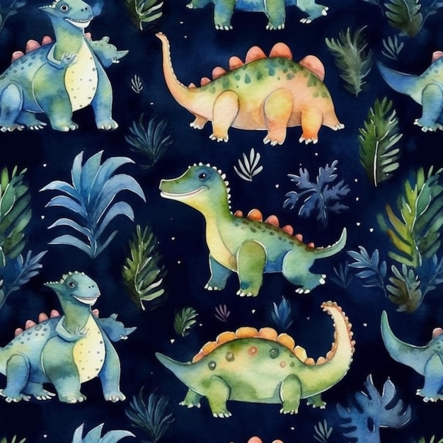 A close up of a pattern of dinosaurs on a dark background generative ai