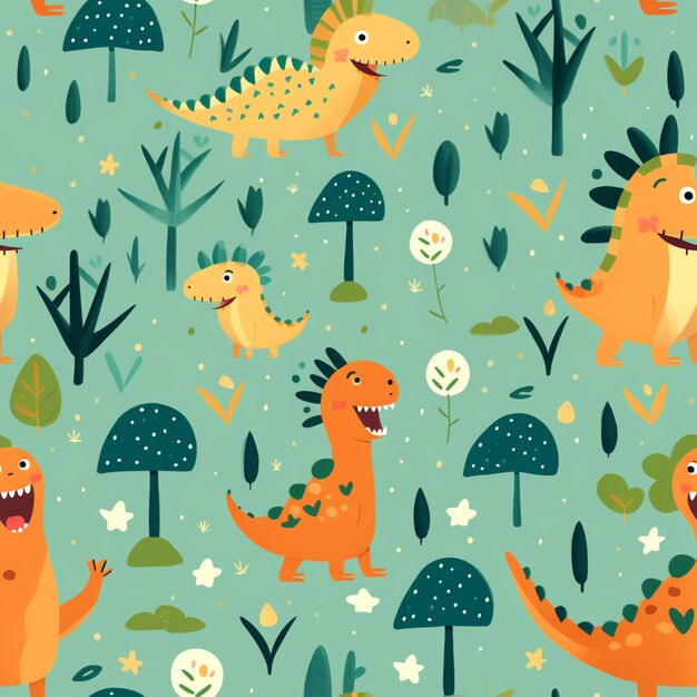 Photo a close up of a pattern of dinosaurs in a forest generative ai