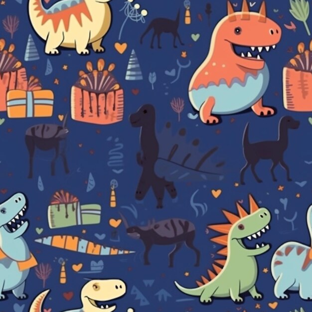 Photo a close up of a pattern of dinosaurs and other animals generative ai