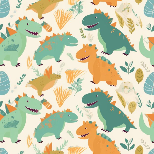 Photo a close up of a pattern of dinosaurs and plants generative ai