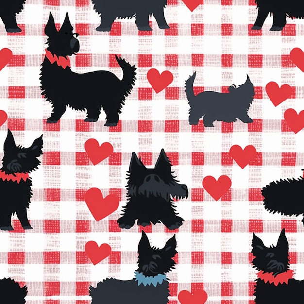 a close up of a pattern of dogs on a checkered table cloth generative ai