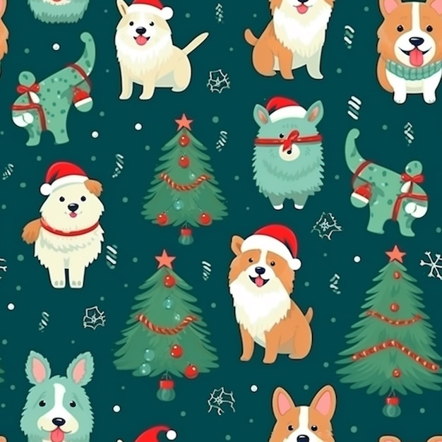 A close up of a pattern of dogs and christmas trees generative ai