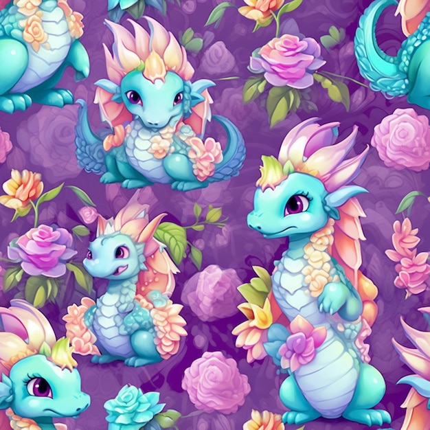 A close up of a pattern of a dragon with flowers generative ai