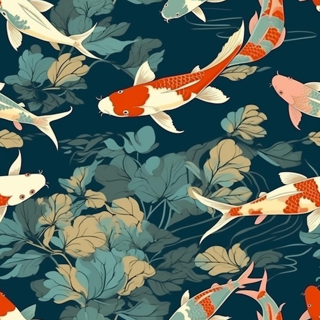 Photo a close up of a pattern of fish and leaves on a blue background ai generative