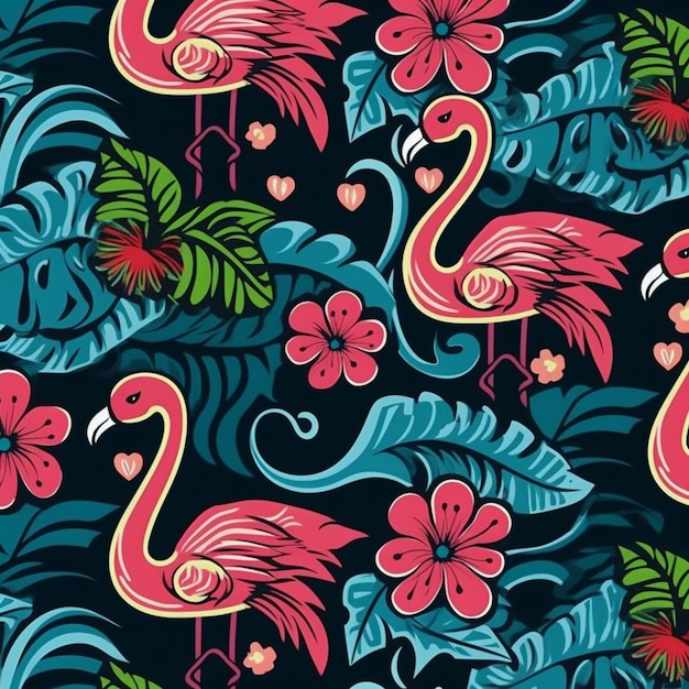 A close up of a pattern of flamingos and flowers generative ai