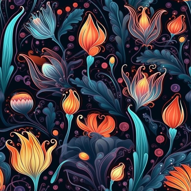 Photo a close up of a pattern of flowers on a black background generativ ai