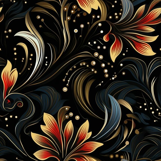 a close up of a pattern of flowers on a black background generative ai