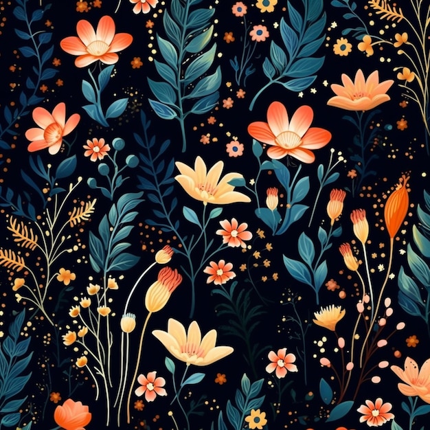 A close up of a pattern of flowers on a black background generative ai