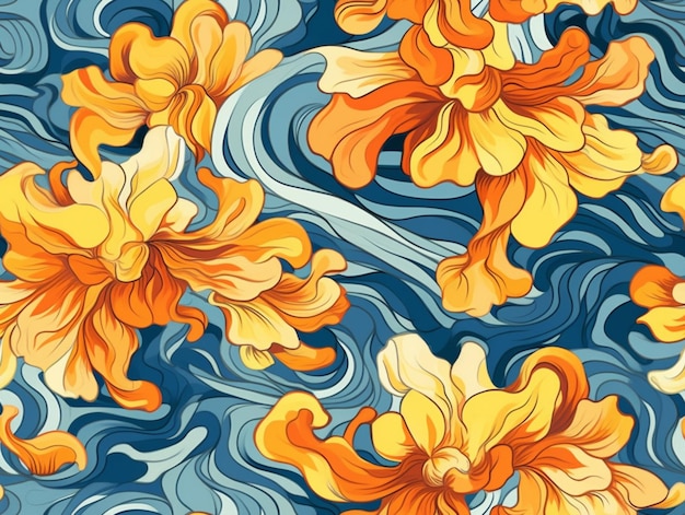 A close up of a pattern of flowers on a blue background generative ai