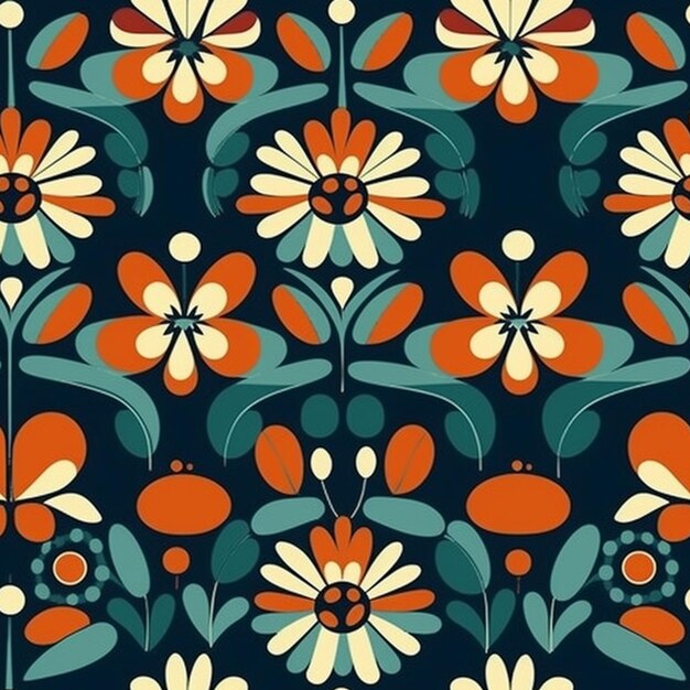 a close up of a pattern of flowers on a blue background generative ai