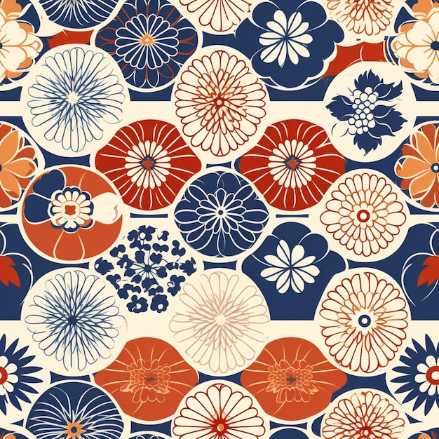 A close up of a pattern of flowers on a blue and white background generative ai