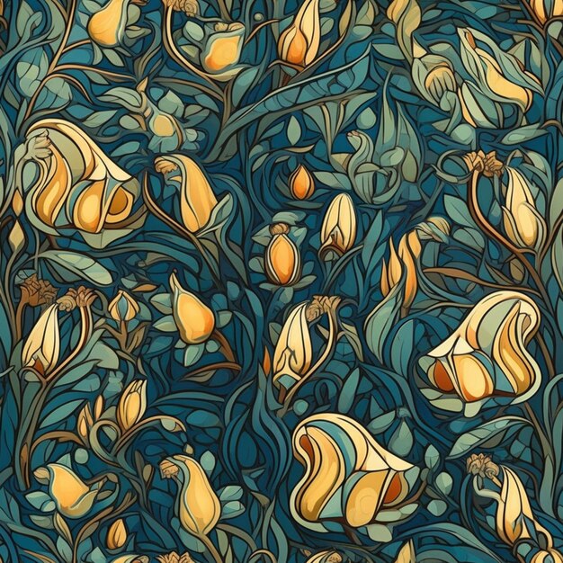 A close up of a pattern of flowers and leaves generative ai