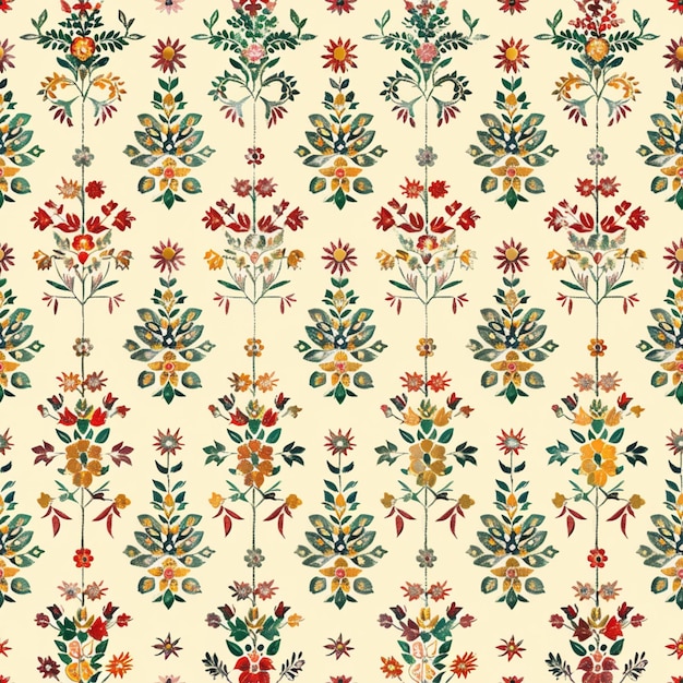 a close up of a pattern of flowers and leaves on a white background generative ai