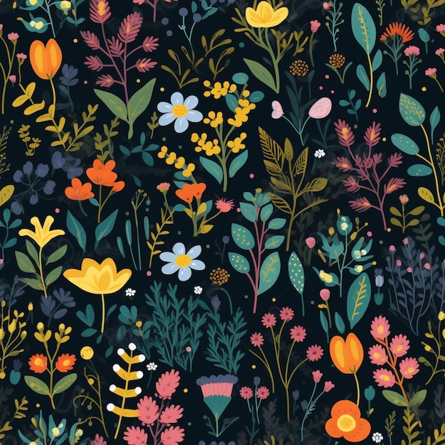 A close up of a pattern of flowers and plants on a black background generative ai