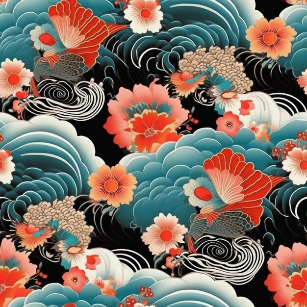 A close up of a pattern of flowers and waves generative ai