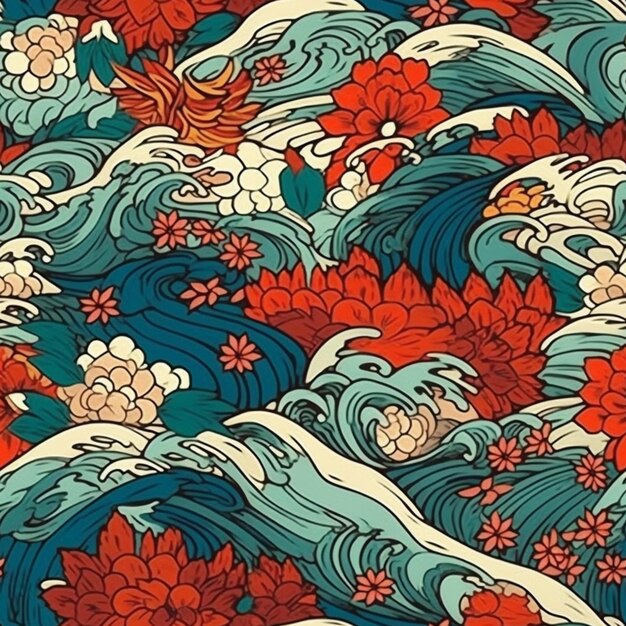 a close up of a pattern of flowers and waves generative ai