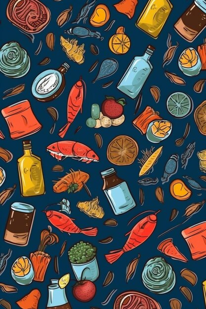 a close up of a pattern of food items on a blue background generative ai