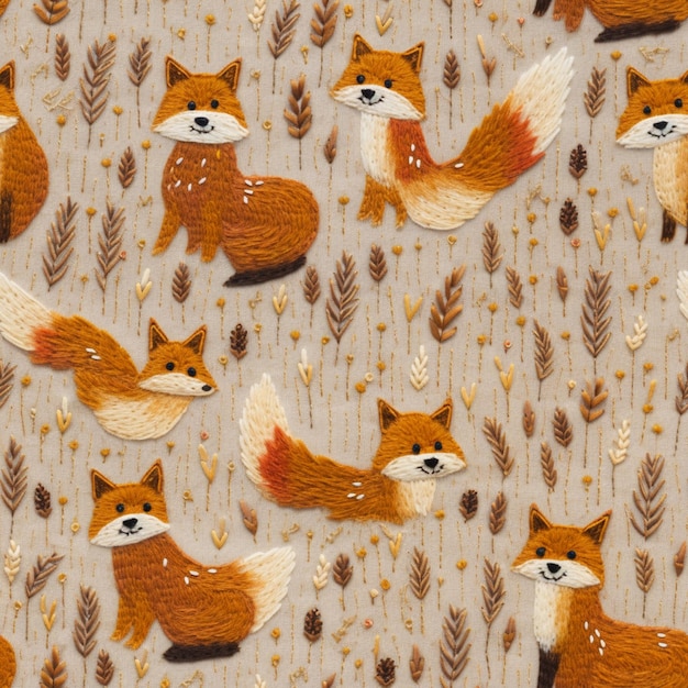 a close up of a pattern of foxes and wheat on a gray background generative ai