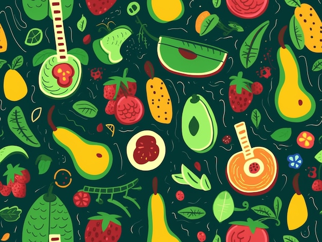 A close up of a pattern of fruits and vegetables on a green background generative ai