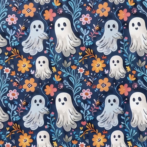 a close up of a pattern of ghost heads and flowers generative ai