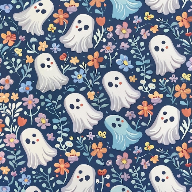 a close up of a pattern of ghosts and flowers generative ai