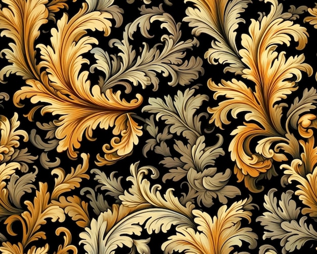 a close up of a pattern of gold and black leaves generative ai