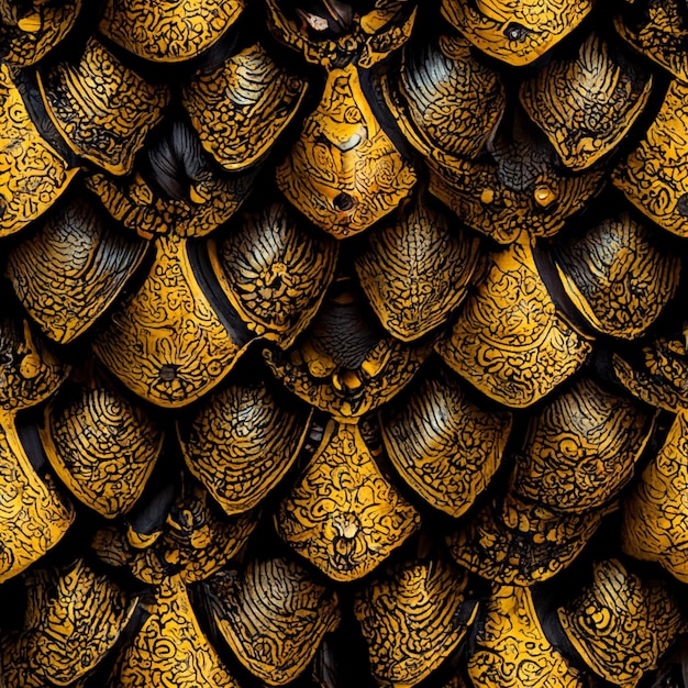 A close up of a pattern of gold and black scales